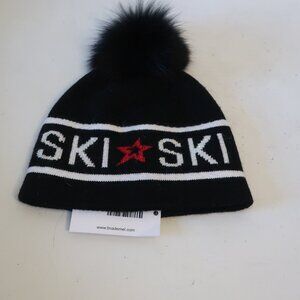 NWT Womens Tina Demel Black, White, Red "Ski" Crystal Beanie Hat W/Fox Fur Ball